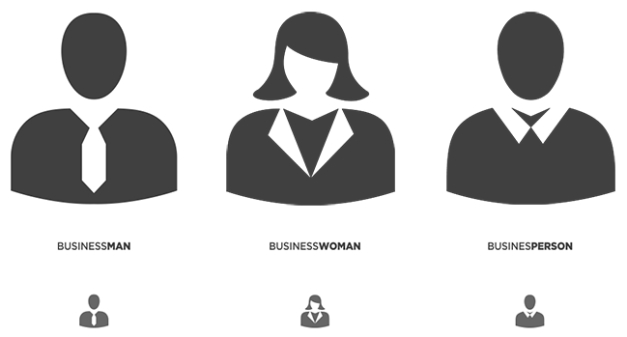 Três pictogramas: business man, business woman e business person